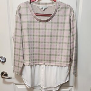 Cleo Pink and Green Plaid Sweater with White Layer